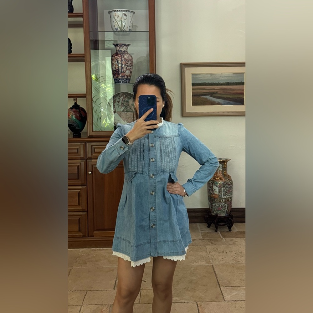 Blue Casual Long Sleeve Bib Collar Dress